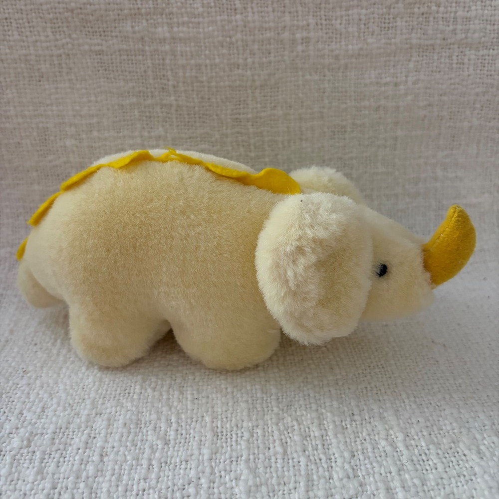 Vintage Cream Plush Rhinoceros Dinosaur Hybrid Yellow Horn Soft Stuffed Toy